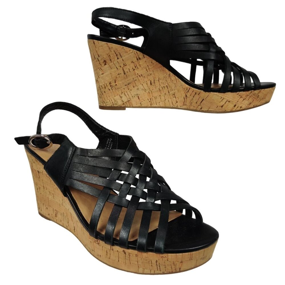 Franco Sarto Womens Sandal Strappy Leather Platform Cork Wedge Black Sz 9.5